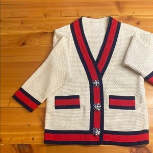 Gucci Cream Cardigan with Red and Navy Trim